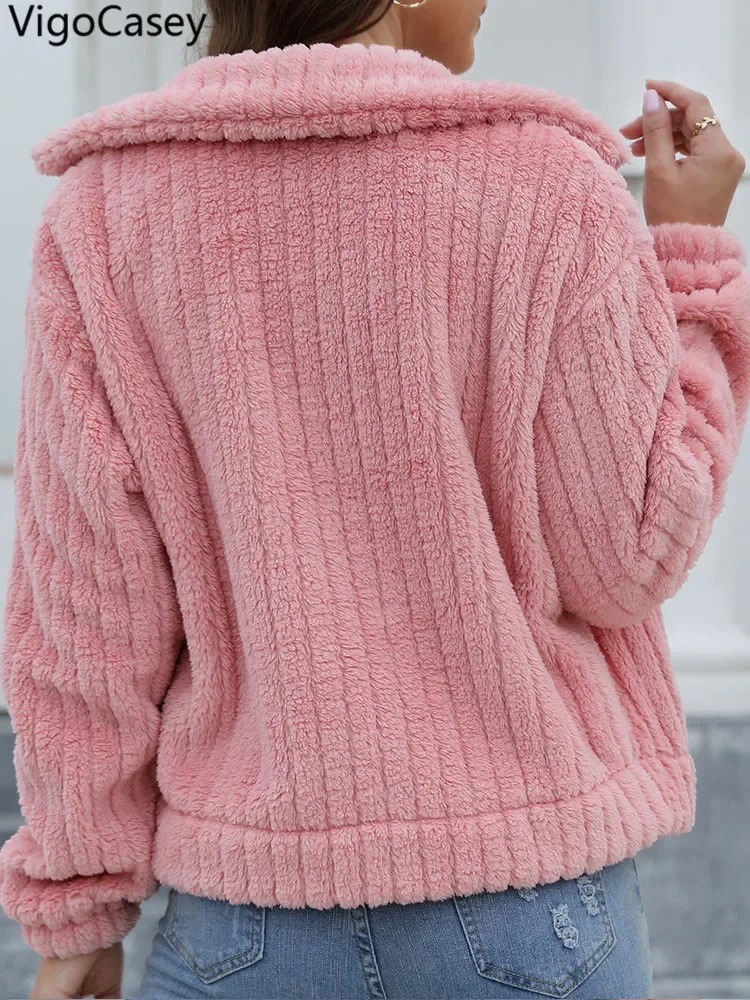 FairyShely 2025 Damska solidna kurtka Gruby pluszowy ciepły jesienno-zimowy płaszcz z długim rękawem Miękki luźny kołnierz turndown Cardigan Lady Coat