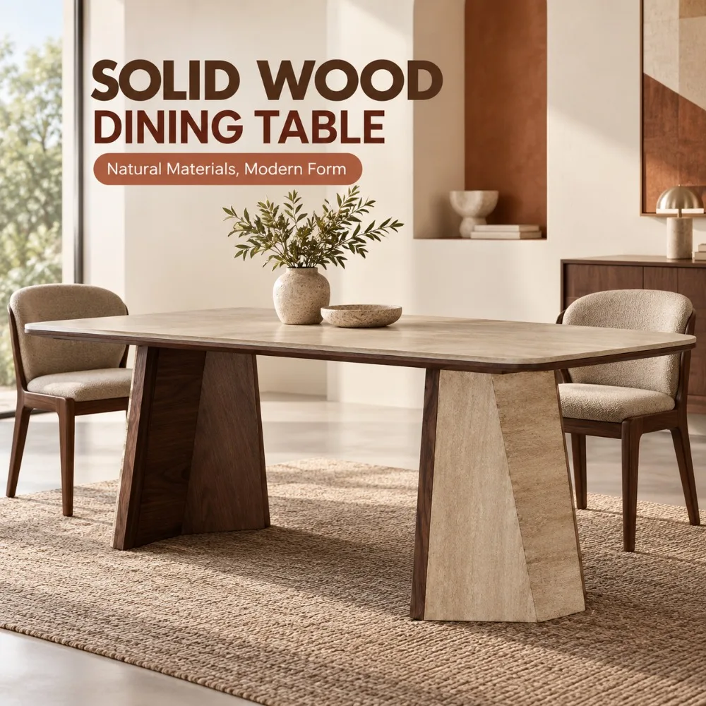Solid Wood Rectangular Dining Table, Travertine Spliced Base Heavy‑Duty Dinner Table for Home Kitchen Restaurant Decor