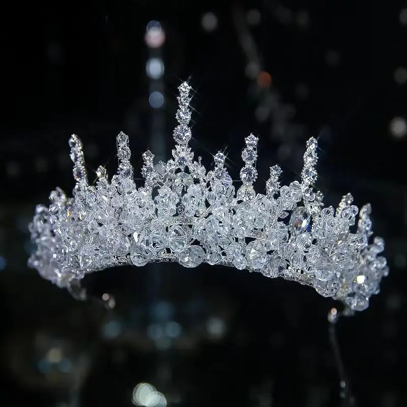 Baroque Handmade Rhinestone Beads Bridal Tiara Crown Silver Color Crystal Diadem Veil Tiaras Wedding Hair Accessories Headpieces