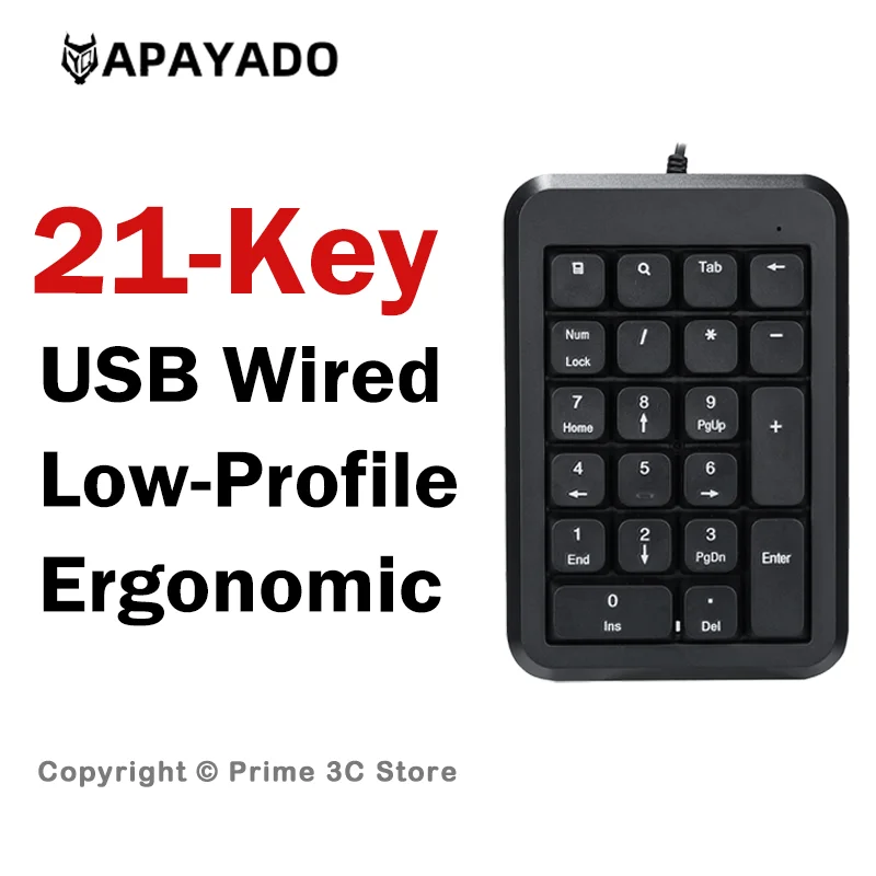 APAYADO T23 21 Key Numeric Keypad USB Wired Numpad with Num Lock Counter Delete Tab for Laptop PC Accounting Office