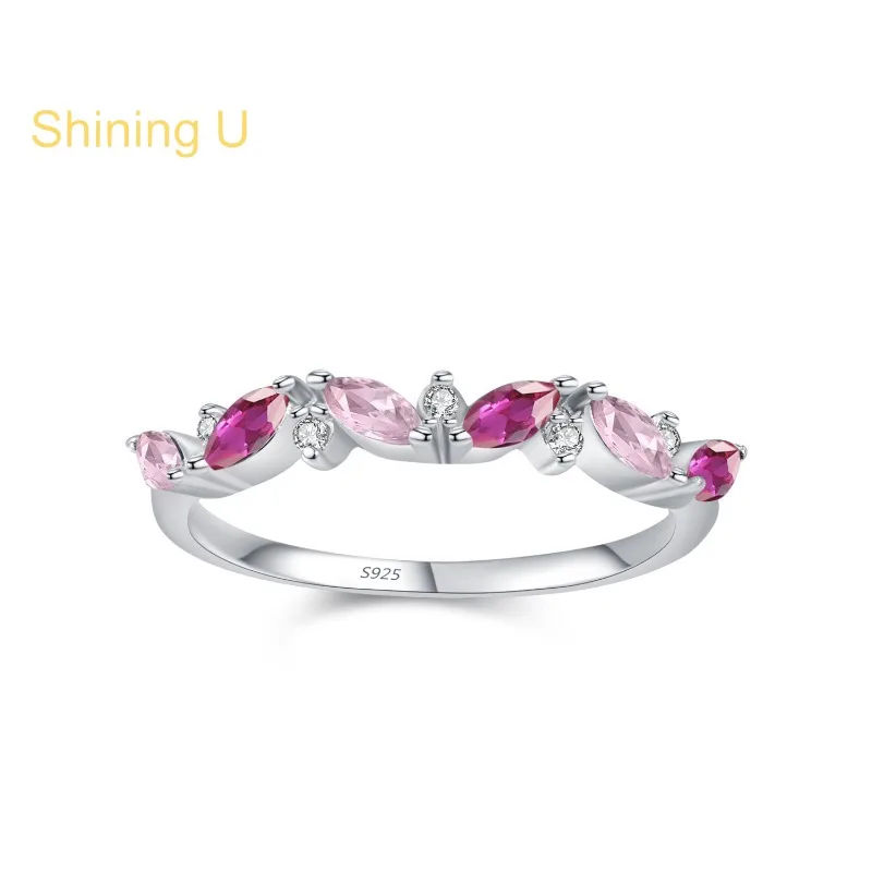 Shining U 925 Sterling Silver Pink Green Zircon Gems Ring for Women Fine Jewelry Spring