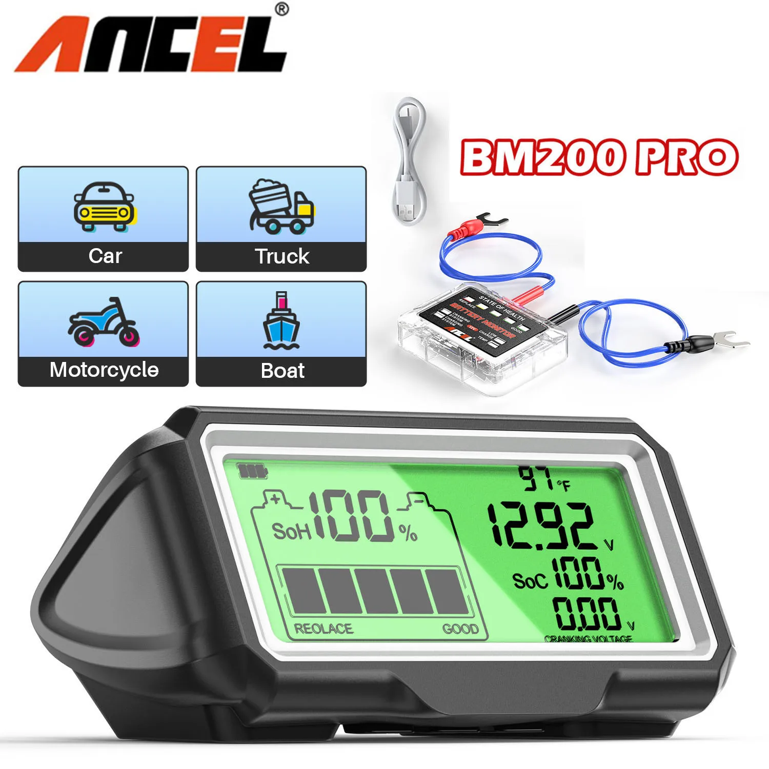 ANCEL BM200 PRO 12V Car Battery Capacity Tester Monitor LED Display Waterproof SOH SOC Battery Health Analyzer Auto Tester Tools