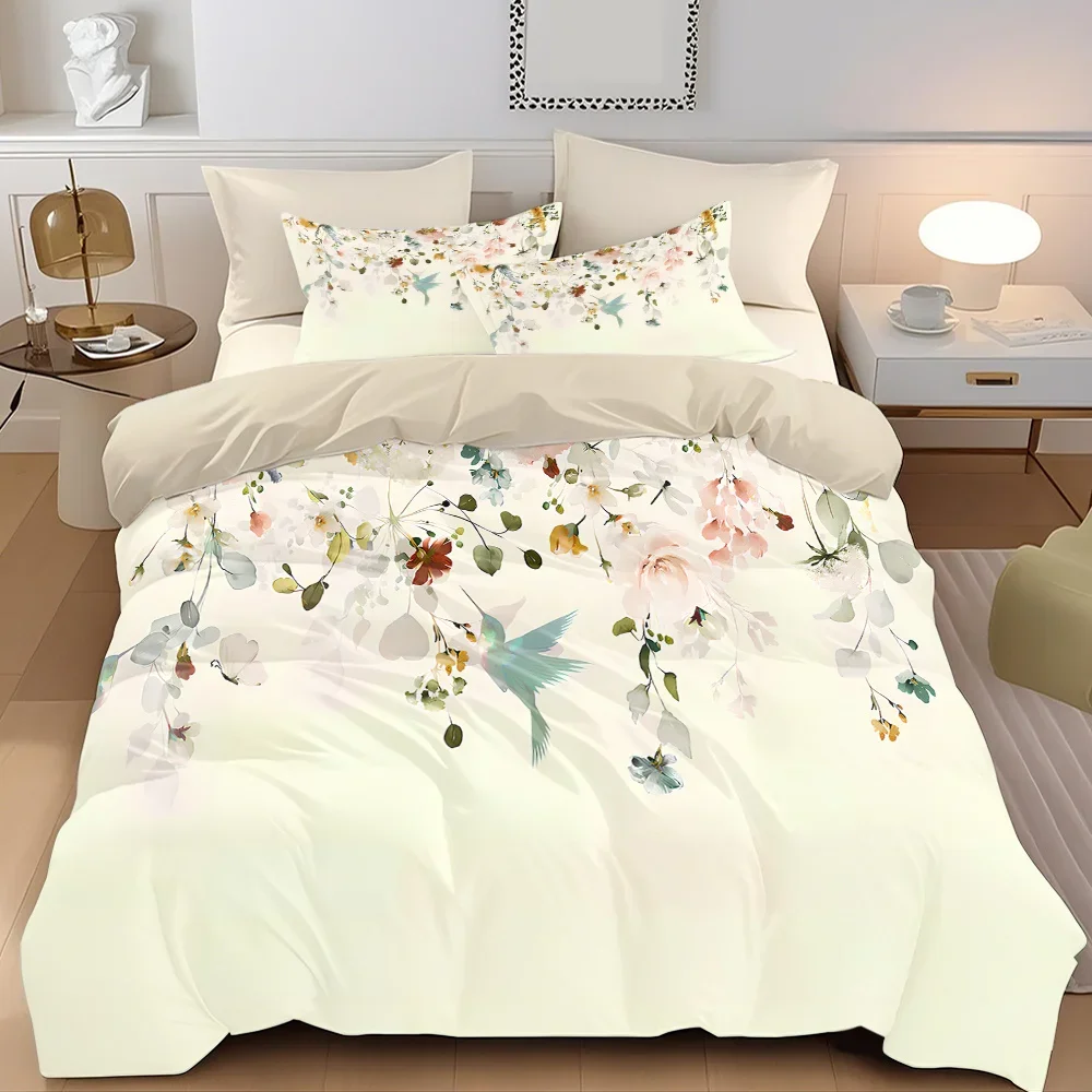 3pcs Simple Flowers and Birds Printed Quilt Set- Includes 1 Quilt Cover and 2 Pillow Cover (without Filler)