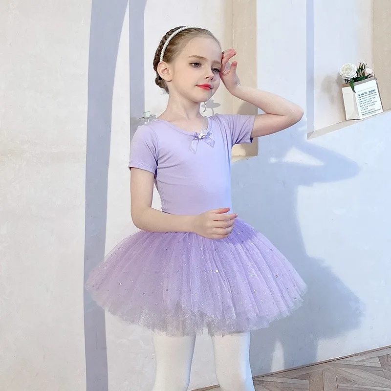 Girls' Short-Sleeve One-Piece Dance Dress with Sequin Tulle Skirt, Professional Dancewear for Girls' Daily Ballet Training
