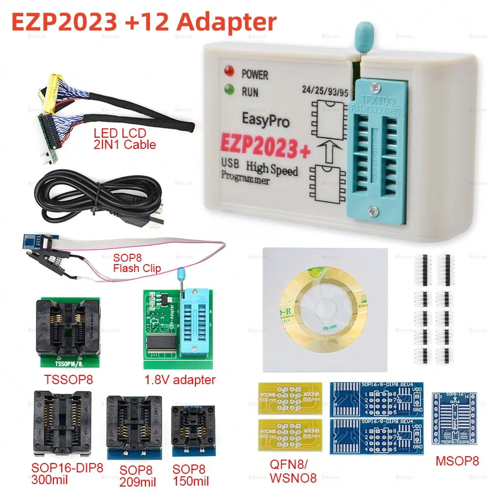 EZP2023-programador USB Original SPI, juego completo de 12 adaptadores, compatible con 24, 25, 93, 95 EEPROM Flash Bios, mejor que EZP2019