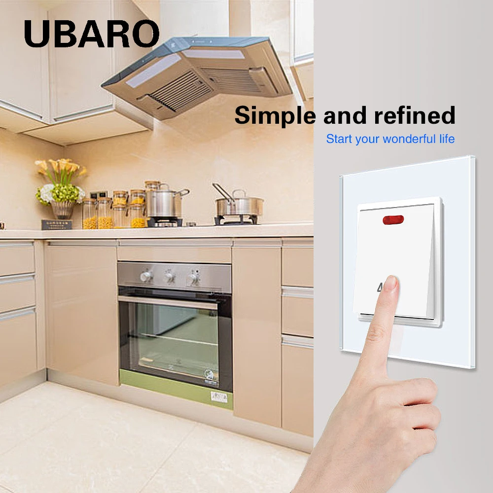 Ubaro EU \\ UK glass panel 45A strong push button switch zero fire wire control powerful equipment with red and