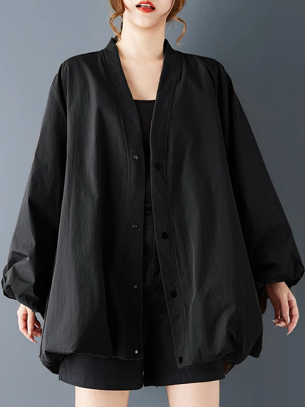 

Hong Kong Sle Pure Color V-Ne Long Sve Flower Bud ape Women's Jaet Autumn New Arrival Full Puff Coat Fem General