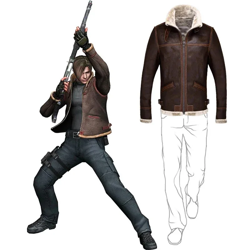 Biohazard Resident 4 Leon S Kennedy Evil Costume Leather Coat Jacket Cosplay PU Faur Jacket Long-sleeve Winter Outerwear  NI2415
