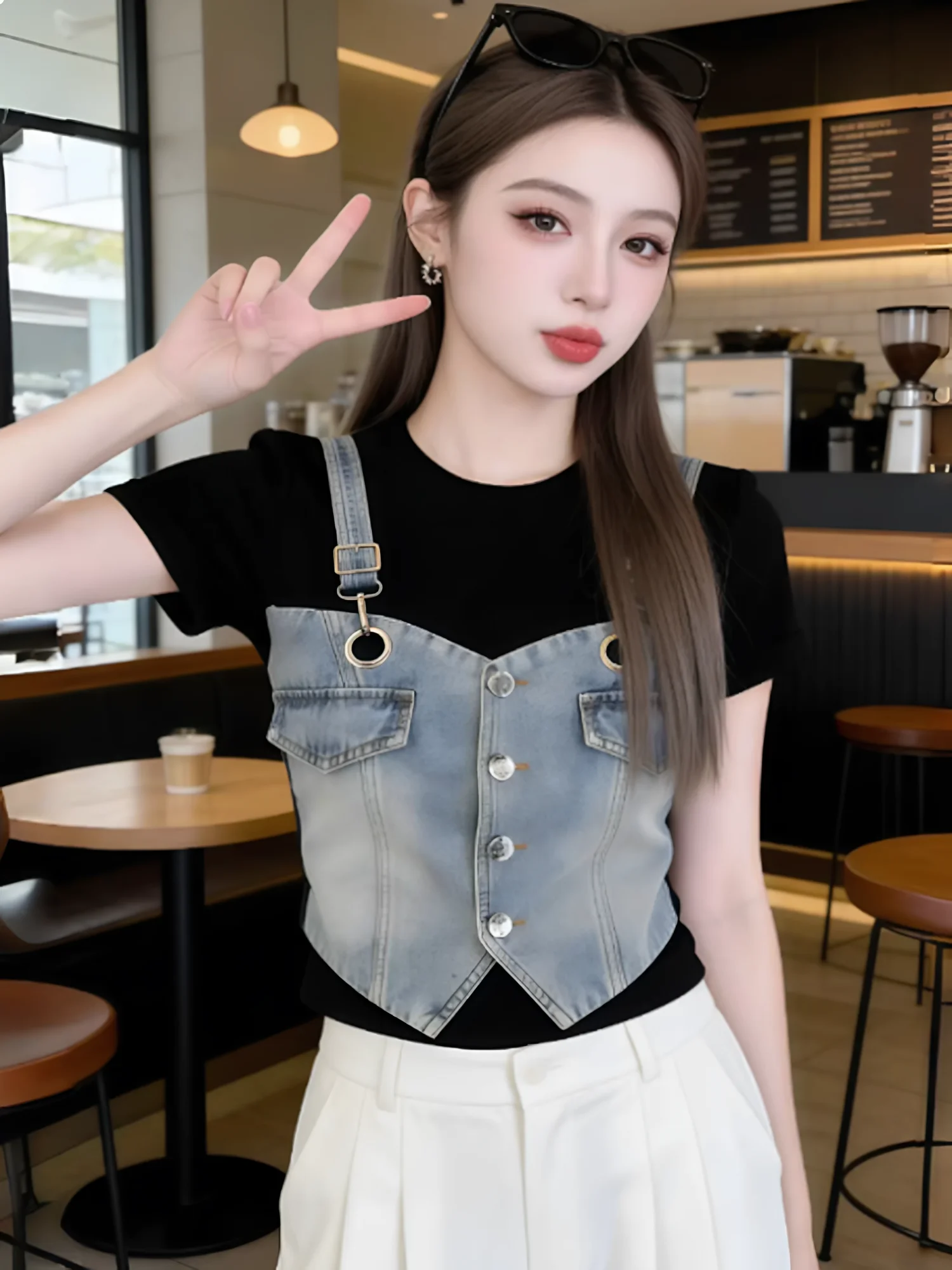 Korean Style Short Sleeve T-Shirt Women's Beautiful Base Layer Unique Summer Top Fake Two-Piece Design Casual Loose Fit