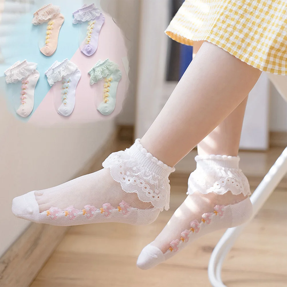 

5Pairs Kids Lace Socks Thin Breathable Short Socks for Girls Comfortable Casual Wear Elastic for 9-12 Years Old