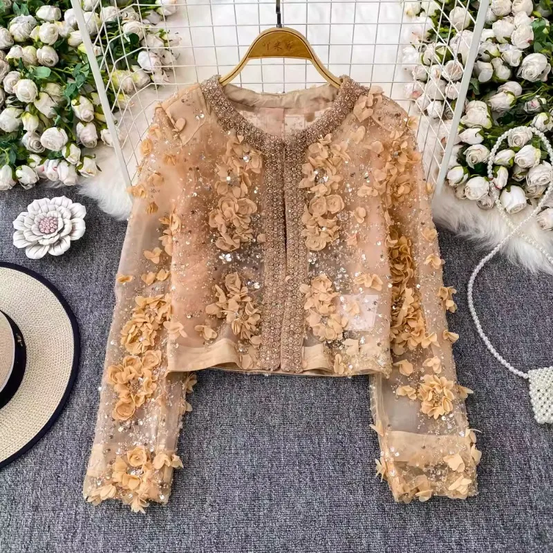 Luxury Women 3D Flowers Sequin Embroidery Mesh Spliced Jacket Gauze Patchwork Petal Diamonds Beaded Coat Net Yarn Cardigan Tops