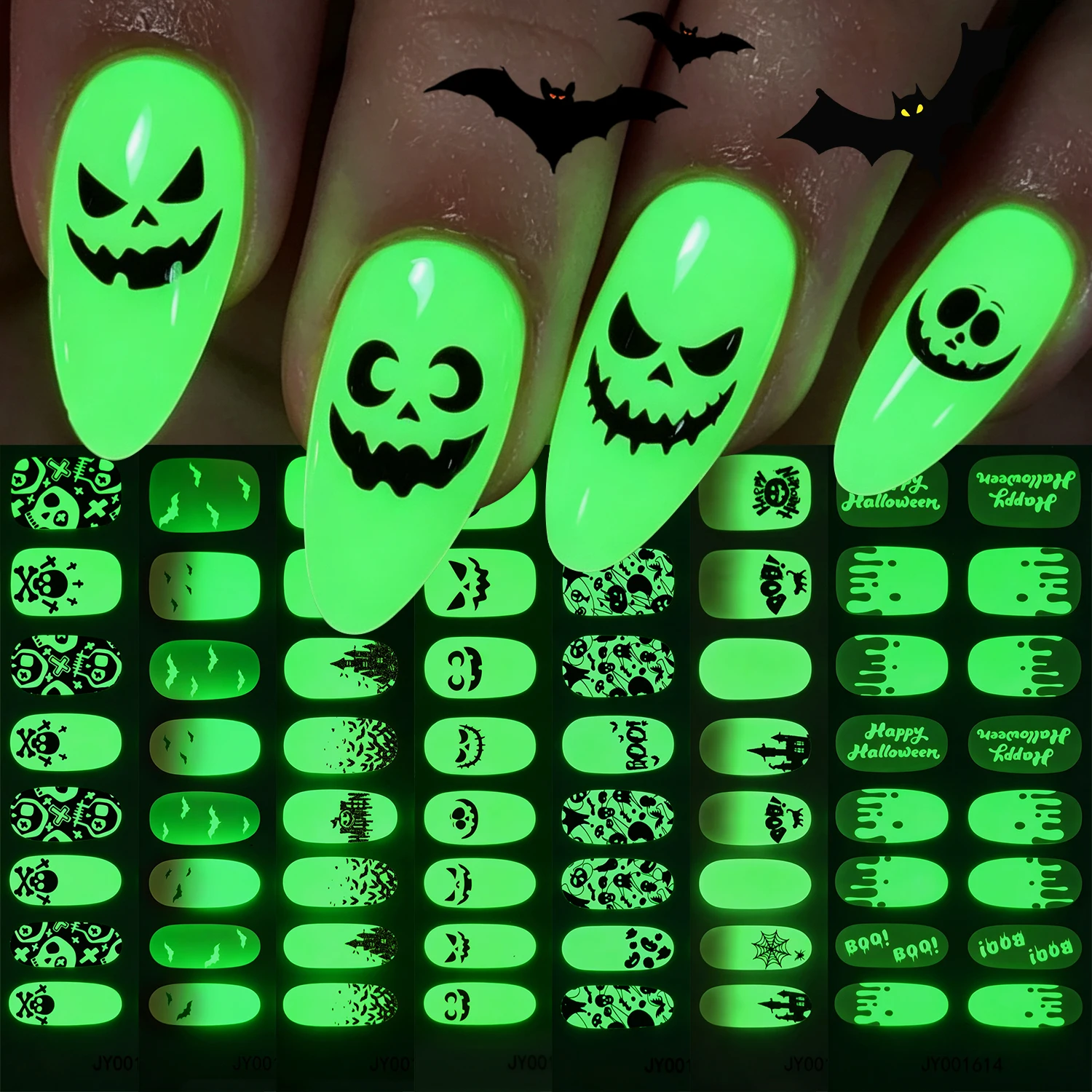 16Tips Halloween Glow In Dark Nail Art Stickers Luminous Ghost Bat Skull Spider Web Nail Decal Party Cosplay Festival Nail Decor