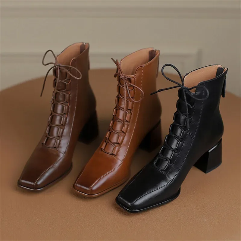 

2024 Autumn Women Boots Square Toe Back Zipper Women Shoes Chunky Heels Shoes for Women High Heel Boots Vintage Leather Shoes