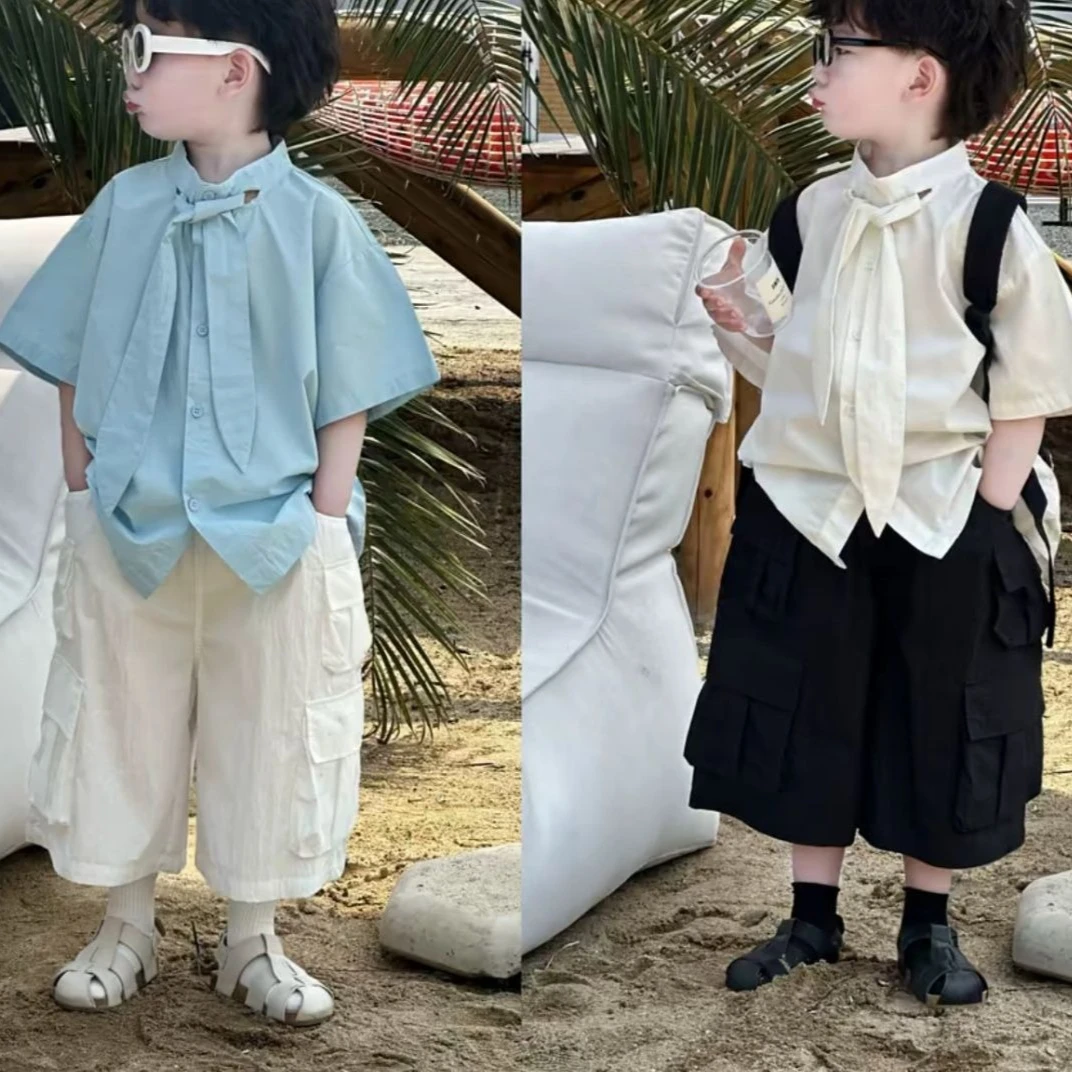 Boys Suit 2026 Spring and Summer New Childrens Wear Boys Baby Fashion Fresh Tie Shirt Seven Division of Labor Pants Two Sets
