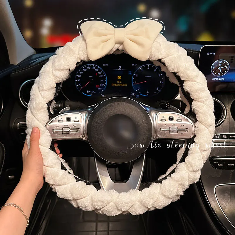 Plush Steering Wheel Cover For Winter Women Warm Fur Handle Cover Cute Pink Bowknot Girls Car Steering Protective Cover White