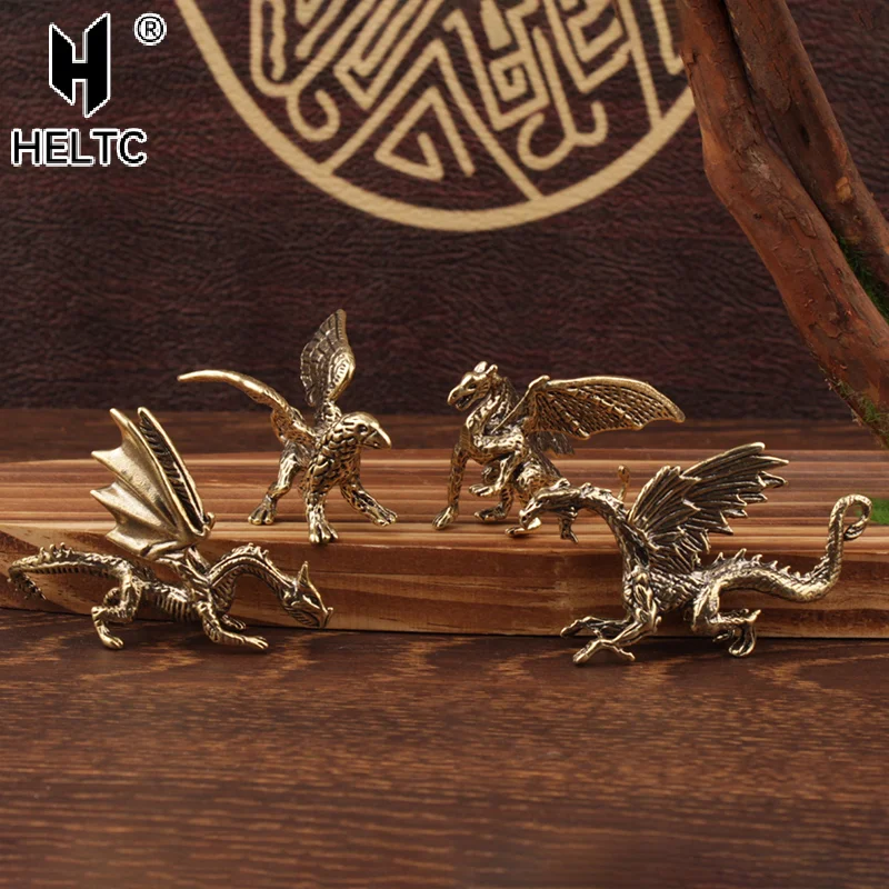 Solid Brass Pterosaur Dragon Small Statue Desktop Ornament Chinese Mythical Beast Figurines Retro Home Feng Shui Decoration
