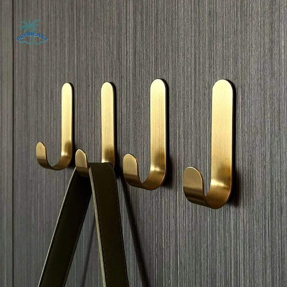 

Sticky Brass Wall Hook Gold J Shaped Towel Hanger Furniture Hardware Behind-door