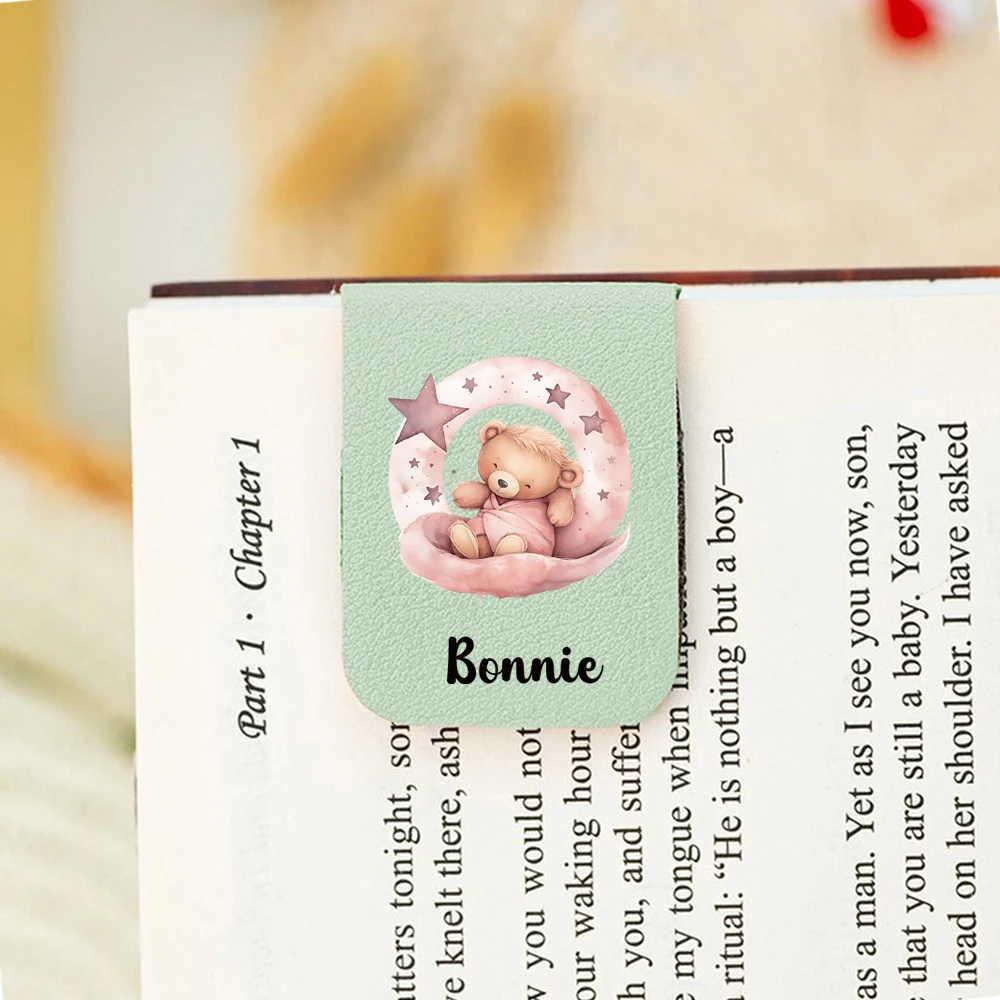 1PC NEW Teddy bear Customized Name Print Aqua Blue Leather book clamp For Educational Supplies