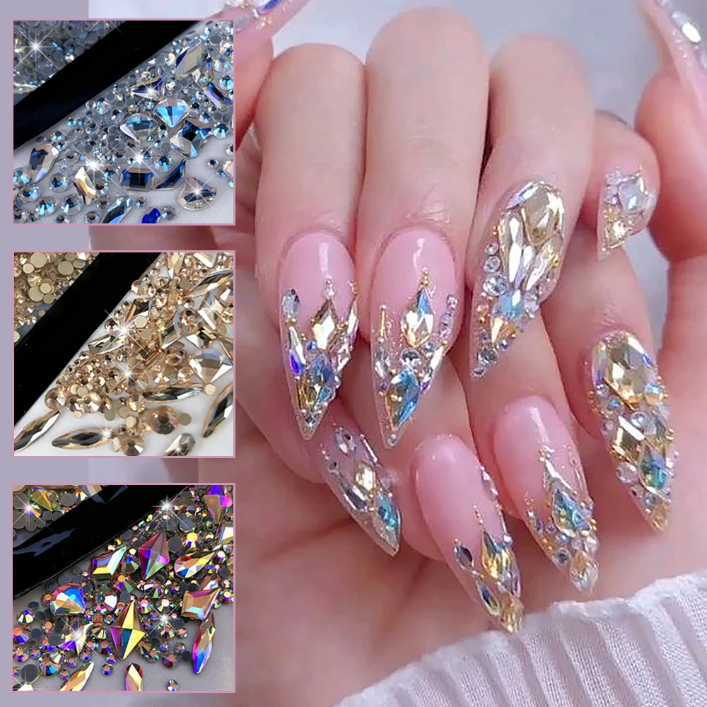 1Bag/150pcs Mixed Irregular Nail Rhinestone Art Charms 3D Gold/Aurora Moonlight Flatback Gems Jewelry For DIY Manicure HomeSalon