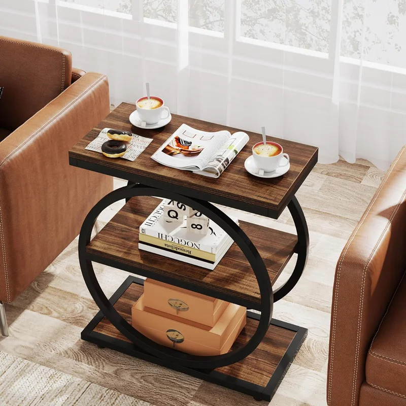 #   Tavolino Laterale in Ferro Battuto e Legno Massello Stile Americano, Nuovo Mobiletto Laterale per Divano, Tavolino da Caffè, Tavolino Contenitore per Soggiorno