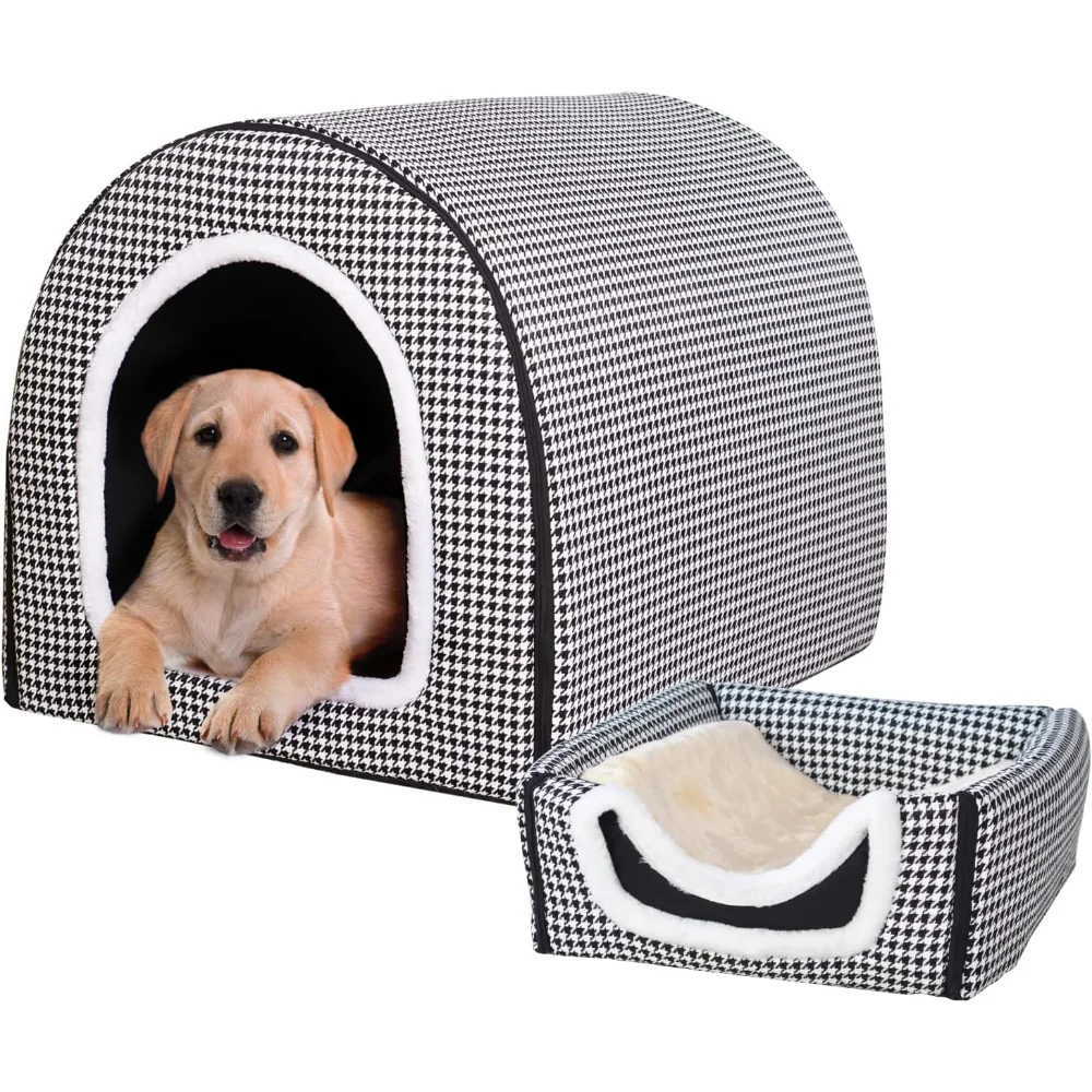 

Dog Bed,2 Ways to Use,Indoor Pet House with Fluffy Mat,Removable and Washable Cover,Non-Slip Bottom