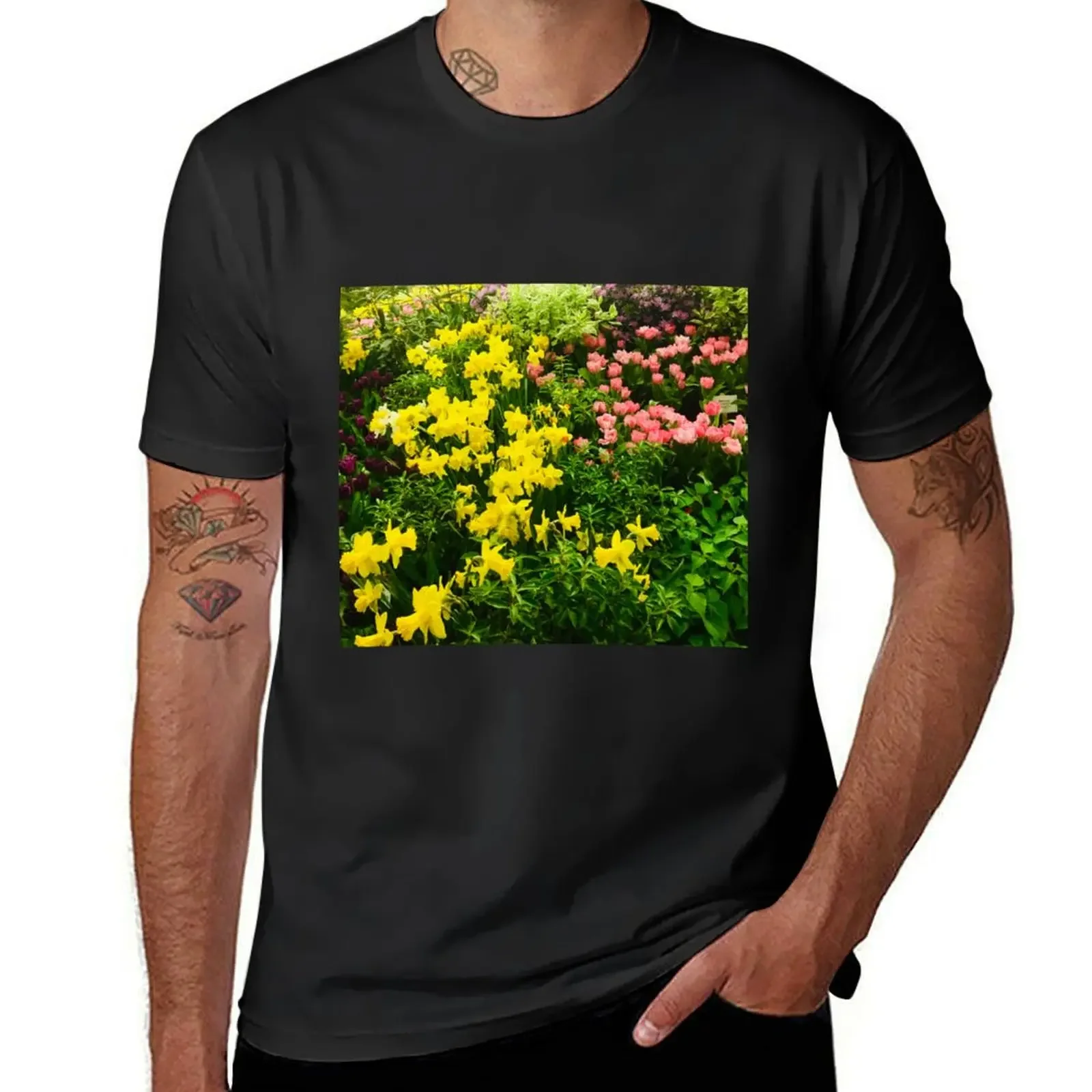 

Весенний цветочный сад с нарциссами и тюльпанами, милые топы, заготовки, мужские футболки с рисунком