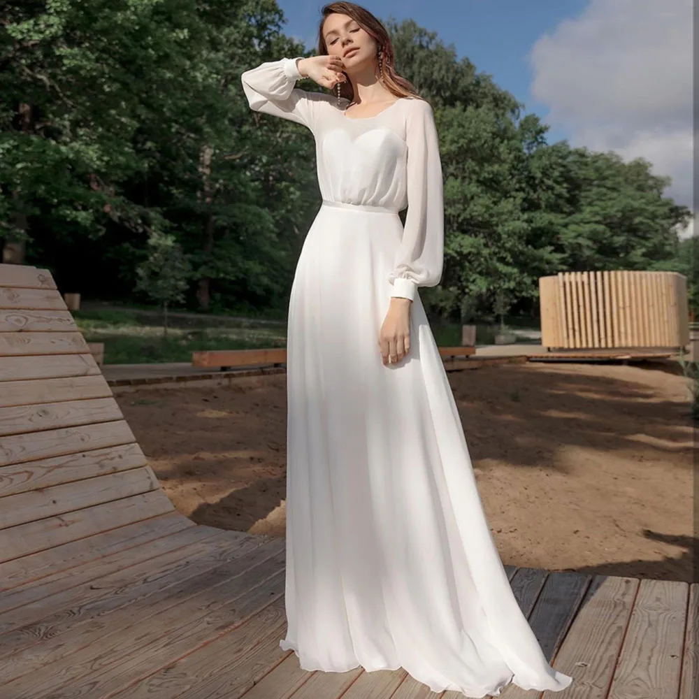 

Elegant Chiffon Long Sleeves Wedding Dresses For Women 2024 O-Neck Beach Bridal Gowns Simple A Line Bohemian Vestido De Novia