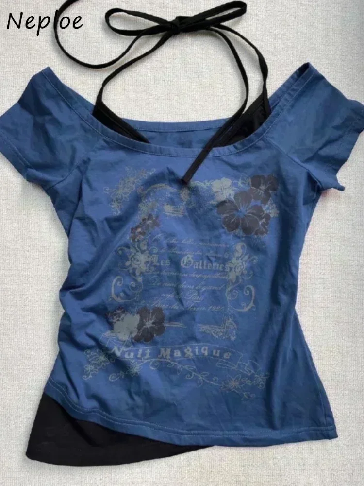 Neploe-Camisetas estampadas de dos piezas para mujer, camisa de manga corta con hombros descubiertos, cuello Halter, corte ajustado, Estilo Vintage