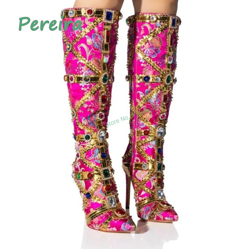 Luxurious Floral Satin Brocade Knee Boots Jeweled Trim Pointed Toe Thin High Heel Party Plus Size Shoes For Footwear