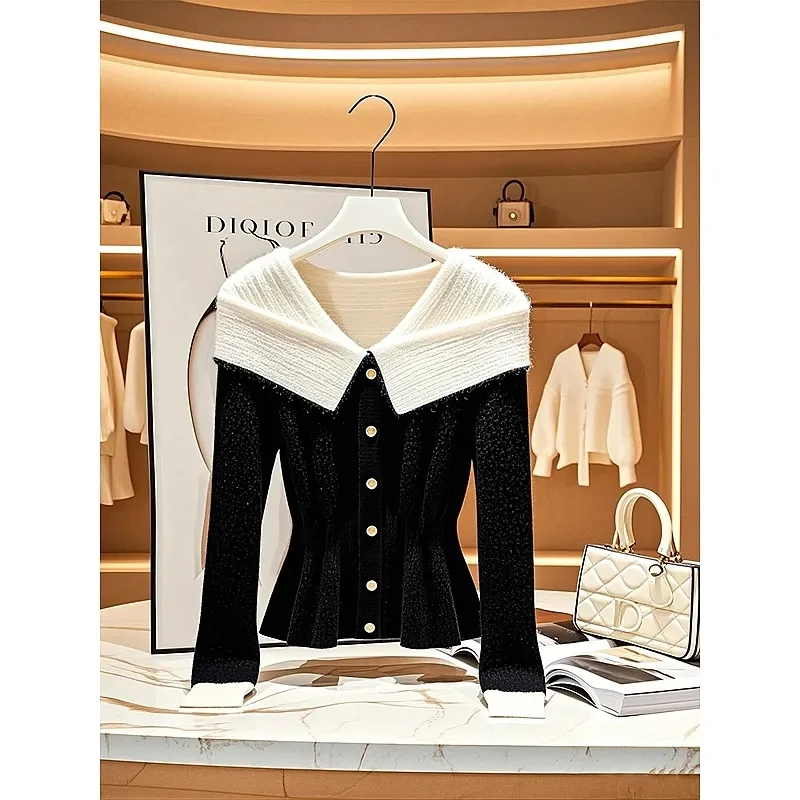 

Модный дизайн, вязаный свитер, черно-белый контрастный трикотаж для женщин, новинка 2026, весна-осень-зима, пуловер, топ