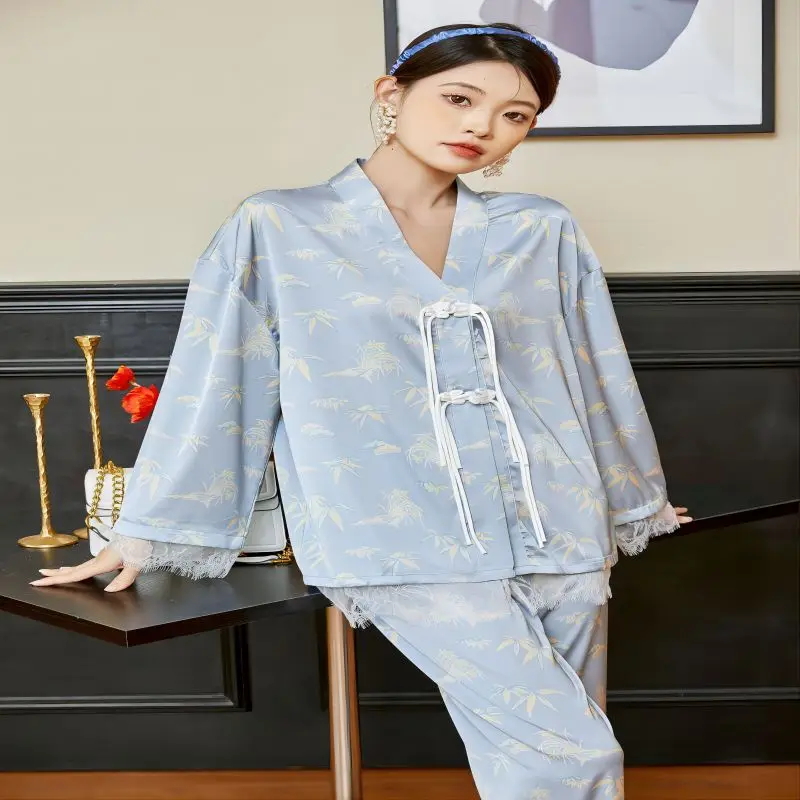 SXTHAENOO Spring Autumn Set Printed Bandage  Sleepwear Blue Simple Women Long Sleeve+Pants 2Piece Set Homewear Ladies Pajamas