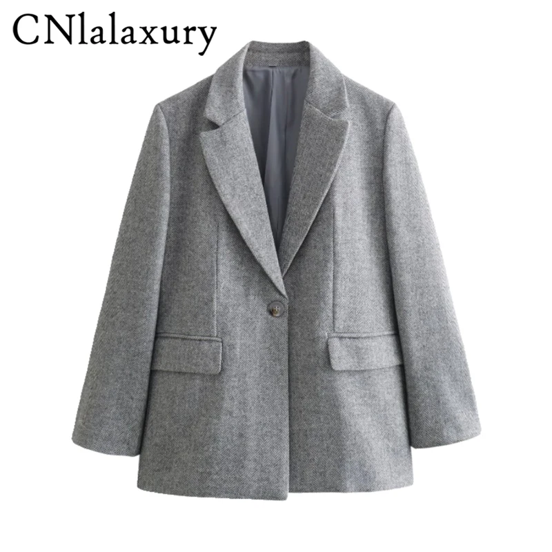 CNlalaxury Office Style Ladies Fashion Chevron Print 2024 Spring New Blazers Women Casual One Button Straight Gray Long Jackets