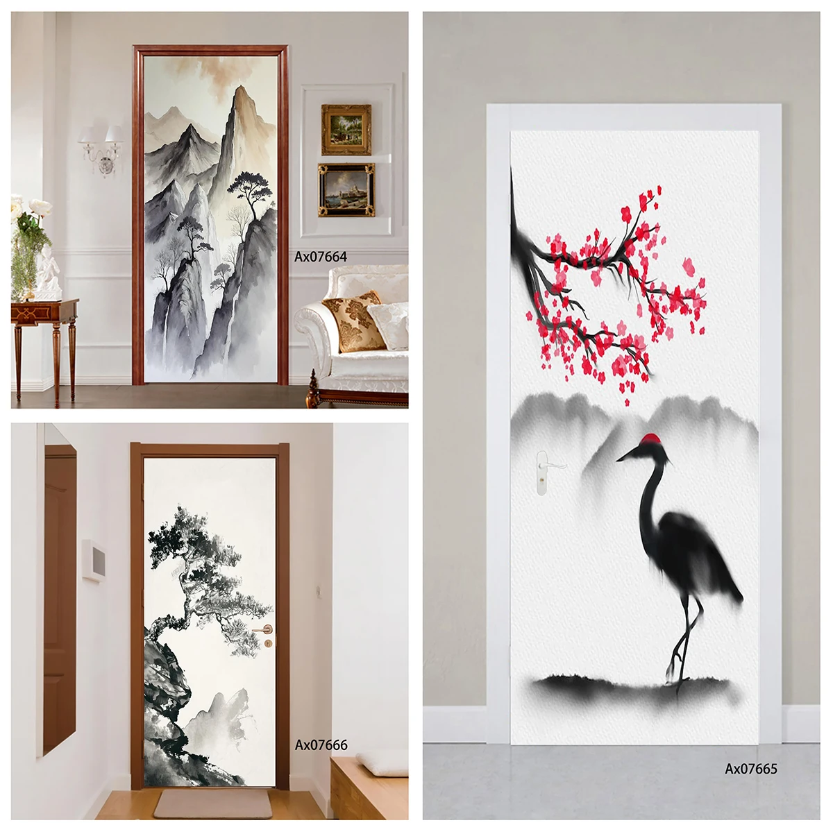 Door Decal Waterproof Removable Plum Blossom White Crane Rock Oriental Painting Decal Home Entry Door Decor Room Makeover