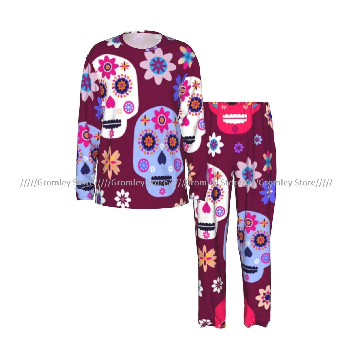 Men's Long Sleeve Long Pants Pajama Set Sugar Skulls And Colorful Flowers Casual Loungewear and Sleepwear for Home