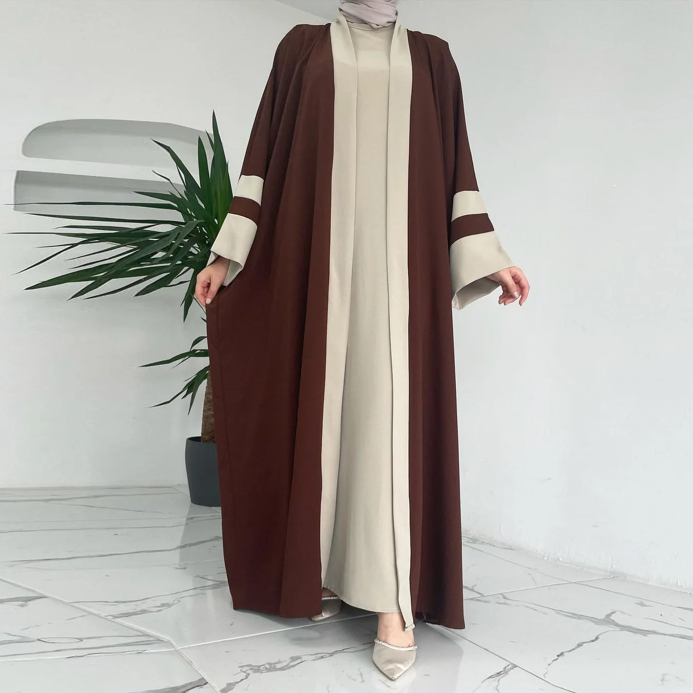 Muslim Two Pieces Sets Women Out Abaya Loose Cardigan Coat Sleeveless Inner Dress Prayer Islamic Clothing Matching Suit Arab New