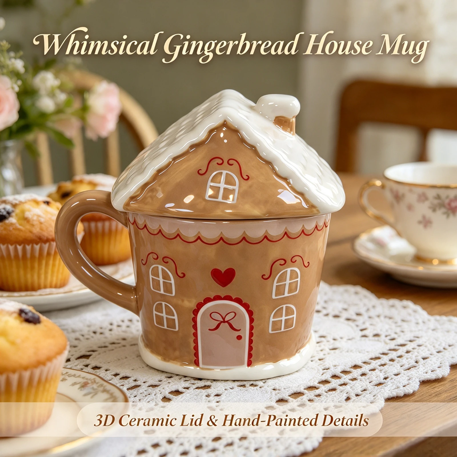 Ceramic Gingerbread House Mug 3D, Relief Lid Coffee Tea Cup, Christmas Hand Painted Kitchen Home, Decor Gift For Kids Adults