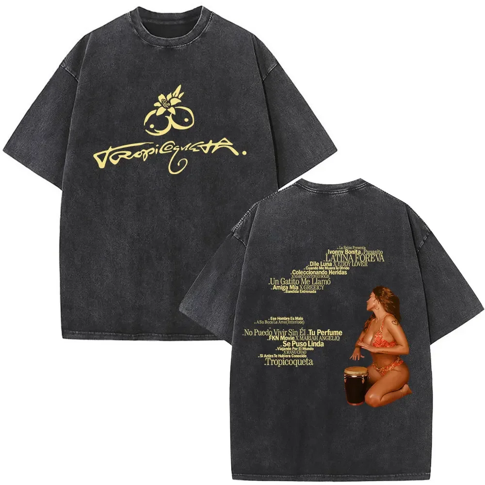 محدودة Karol G Tropicoqueta 2025 جولة المشجعين هدية تي شيرت الرجال النساء عالية الجودة موضة Harajuku تي شيرت خمر غسلها تي شيرت