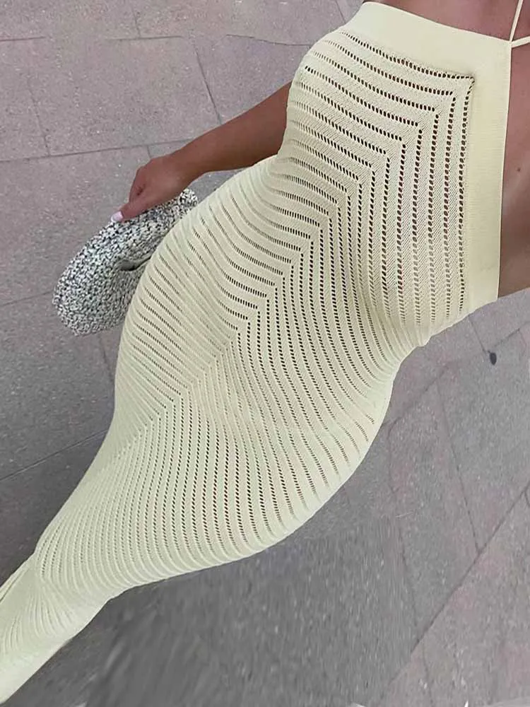 BKQU โครเชต์ Halter เซ็กซี่ Hollow Out Maxi ชุดผู้หญิงวันหยุดดูผ่าน Backless Lace Up Bodycon Elegant Party เสื้อคลุมยาว