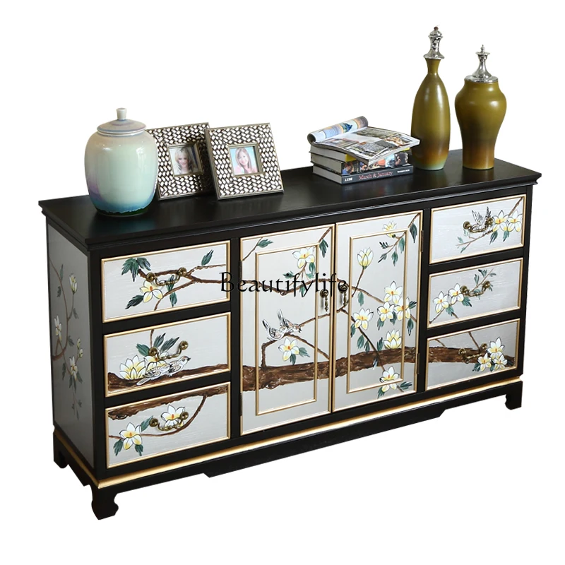 

New Chinese Ming and Qing classical hand-painted flower and bird entrance cabinet solid wood model room decorative cabinet
