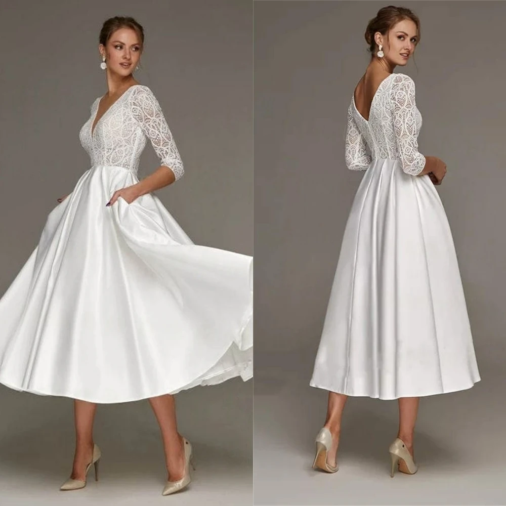 

Customized Exquisite White Satin Wedding Dress Delicate V-Neck 3/4 Sleeves Bridal Gowns Classic Zipper Back Vestido De Novia
