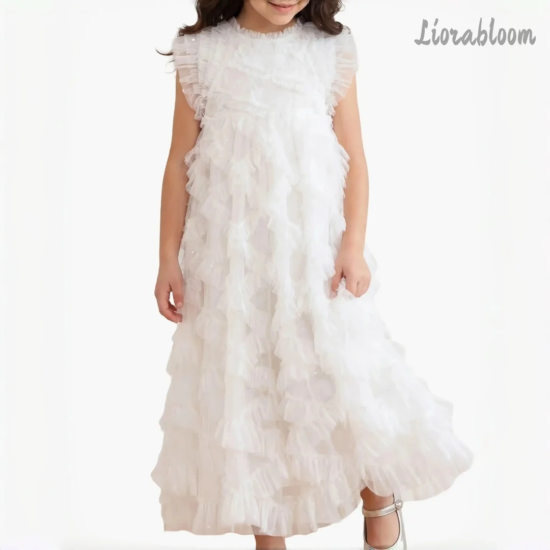 

Girls' Princess-Style Tulle Gown Custom-Designed Dress with Delicate Lace Trim Flower Girl Attire Weddin свадебное платье