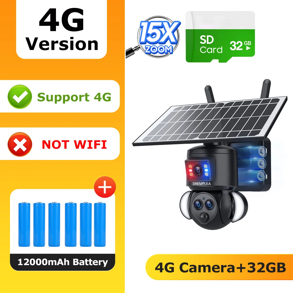 SHIWOJIA 4K 8MP Solar Camera 4G SIM/WIFI Beveiliging Outdoor Dual Lens Opname Humanoïde Tracking Kleur Nachtzicht PTZ Cam