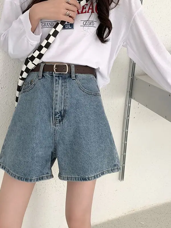 High Waist Wide Leg A-Line Shorts Women's Pure Color Korean Style Spring Summer Denim Shorts Slimming Versatile Hot Pants