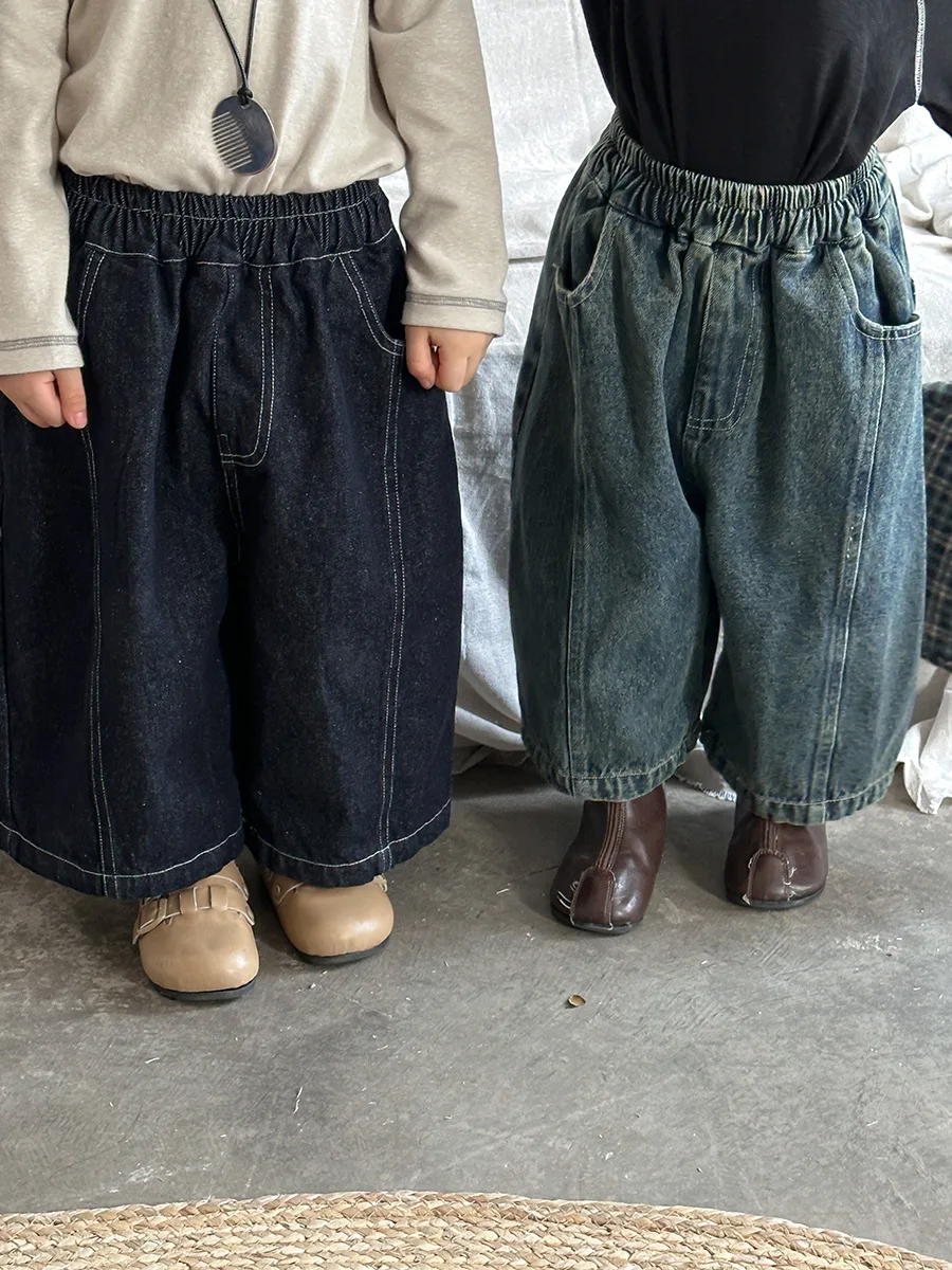 جديد الخريف الاطفال السراويل المستقيمة 1-7Y العصرية نمط الفتيان مرونة الخصر فضفاض السراويل الفتيات طفل عادية Dneim بنطال ذو قصة أرجل واسعة #3