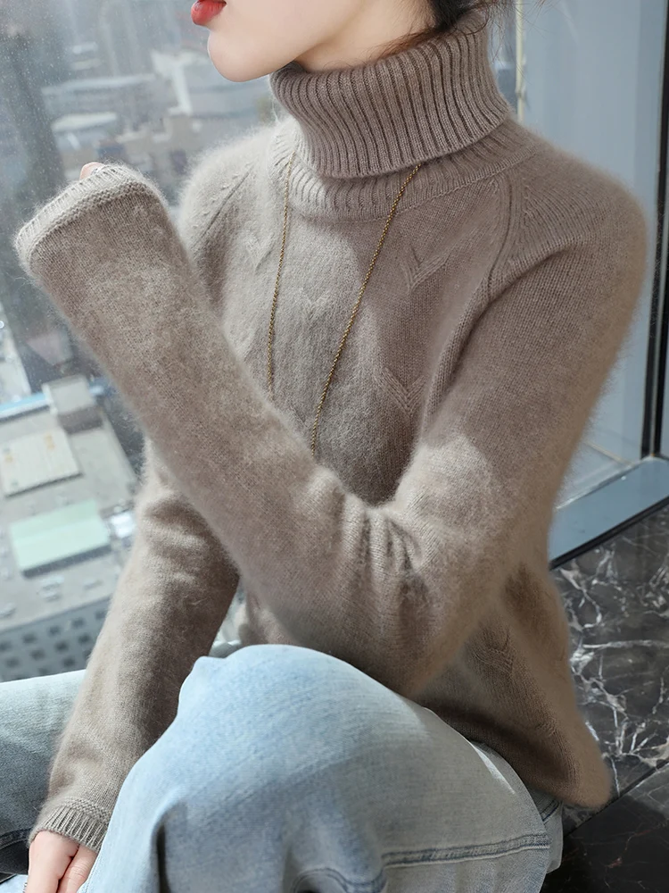 TLOML 新しい女性用 100% ミンクカシミヤセーター タートルネック ケーブルニット プルオーバー 厚手 カジュアル 秋冬 ソフトで暖かい 長袖トップス