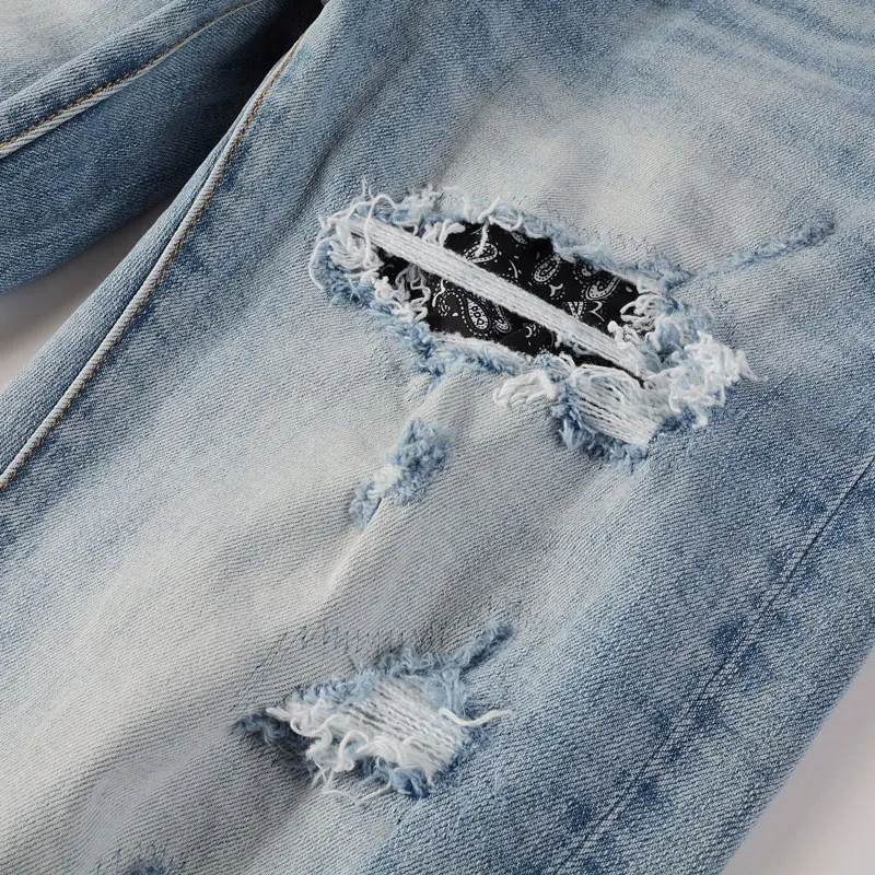 Hombre Fashion New Men's Jeans Cashew Flower Patch Washed Nostalgic Stretch Slim Fit Retro Light Blue Jeans y2k