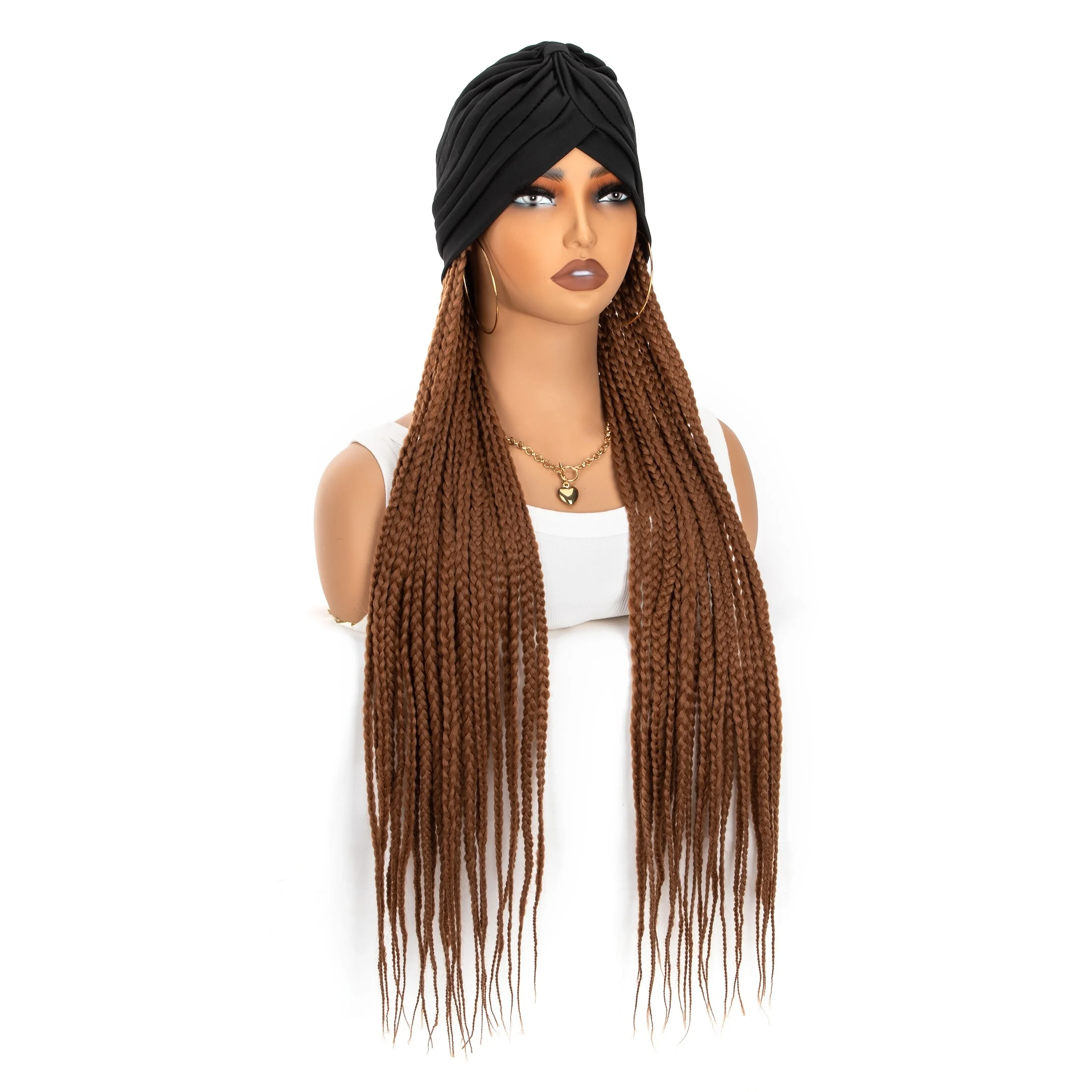 WIGERA Long Brown Braided Synthetic Wigs With Elastic Band Headband And Turban Hat Box Braiding Hair Extensions For Women