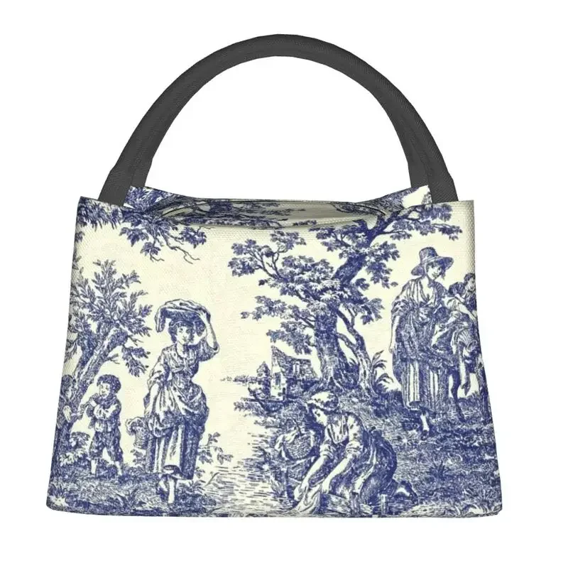 Toile De Jouy الأزرق صندوق الغداء المحمول الفرنسية الأزرق الداكن الحرارية برودة الغذاء معزول حقيبة الغداء مستشفى مكتب Pinic الحاويات
