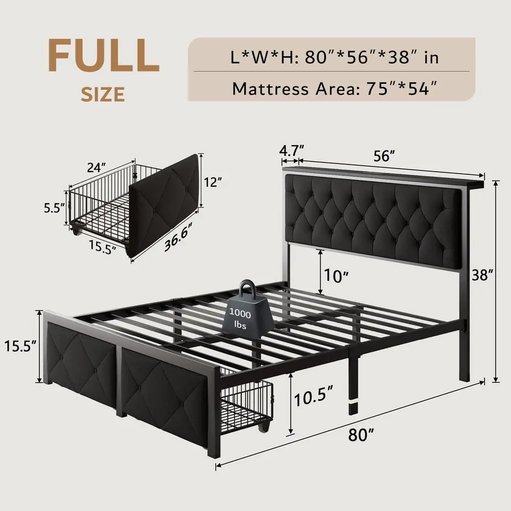 

Full Bed Frame with 2 Storage Drawers, Linen Upholstered Headboard Platform Bed with Charging Station, No Box Spring Needed, Me