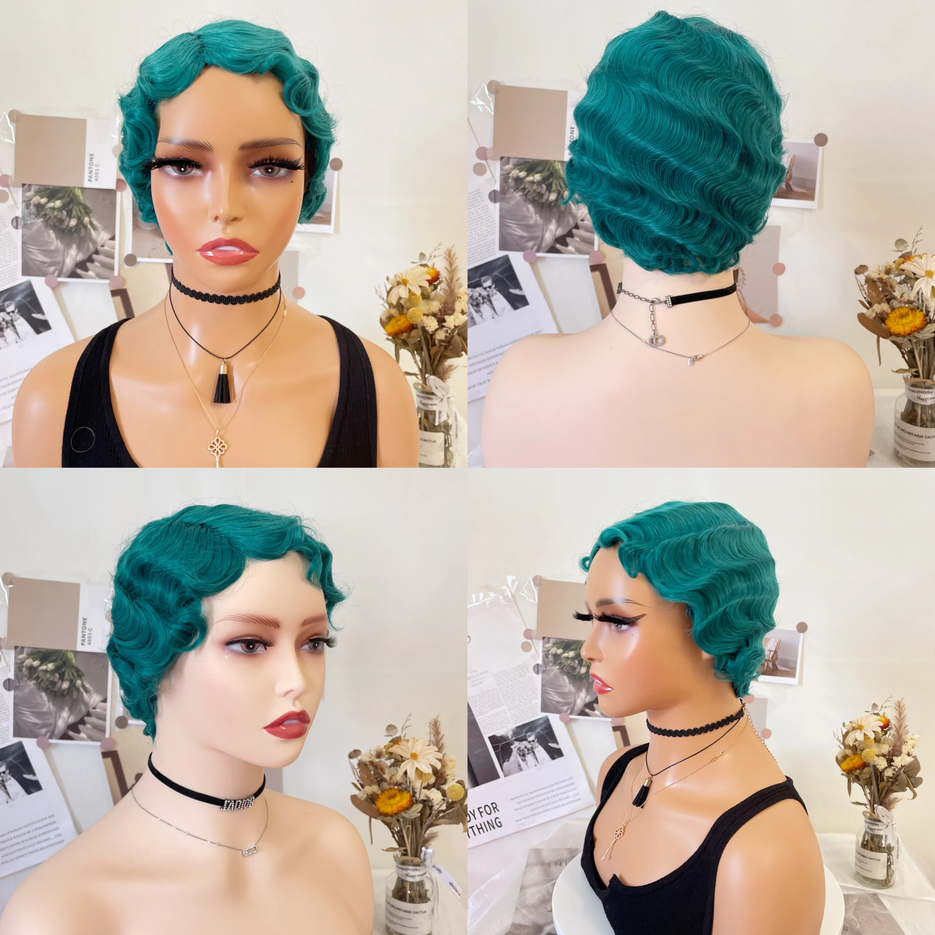 Perucas sintéticas encaracoladas Kinky curtas do cabelo de Cosplay para mulheres, onda do dedo, verde escuro profundo, cabelo falso diário